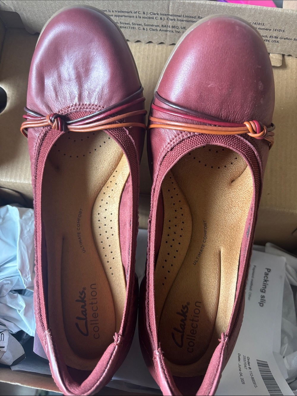 Clarks Women's Burgundy Leather Ballet Flats with Knot Detail